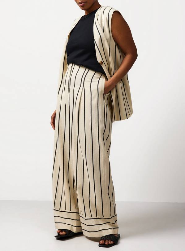 Cream Stripe Linen Blend Wide Leg Trousers 14S